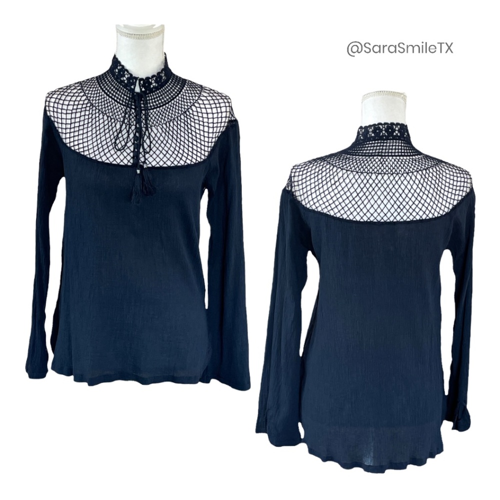 FREE PEOPLE - On the Island -  Indigo Navy Boho Crochet Long Sleeve Top - NWOT
